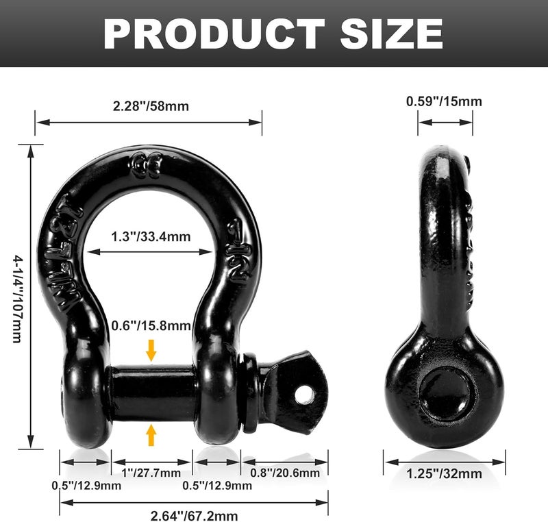 Htata Prep 1/2" D Ring Shackles with 7/8" Screw Pin, 26,400 lbs Break Strength, Heavy Duty Clevis Shackles (Black) for Jeep, Truck, SUV, Trailer, ATV, UTV（2pcs） - Image 3